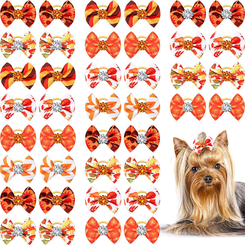 40 Pieces Small Dog Hair Bows with Rubber Bands Autumn Fall Dog Topknot Bow Pet Rhinestone Hair Topknot Bows Pet Handmade Hair Bowknot Grooming Accessories for Thanksgiving Pet Supplies, 20 Pairs - BeesActive Australia