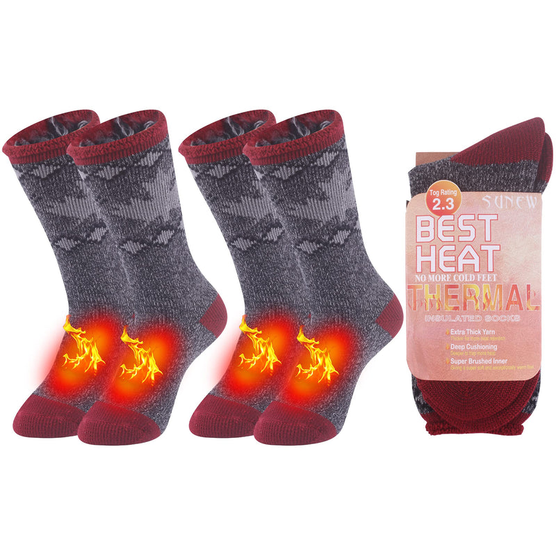 Warm Thermal Socks, Sunew Unisex Thick Insulated Heated Winter Heavy Crew Socks 2 Pair Gray Red Black Large - BeesActive Australia
