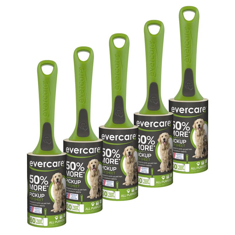 Evercare Value Pack of 5 All Purpose Stick Pet Hair Lint Rollers, 60 Sheets Each, Total 300 Sheet 5-Pack (300 Sheets) - BeesActive Australia