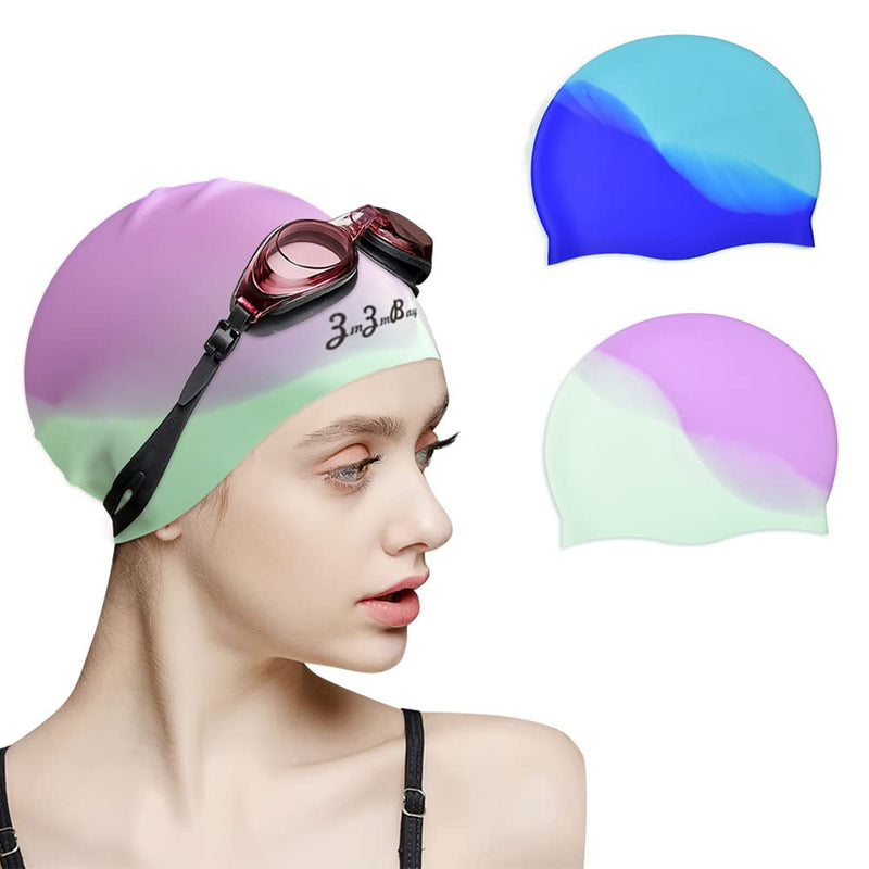 (2 Pack) ZmZmBay Swim Caps for Long Hair , Durable Silicone Swimming Caps for Women Men Adults Youths Kids, Multi Color and Waterproof Bathing Cap,Easy to Put On and Off - BeesActive Australia