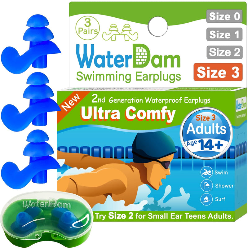 WaterDam Swimming Ear Plugs Great Waterproof Ultra Comfy Earplugs Prevent Swimmer's Ear (Size 3: Adults & Teens 14+ (Blue Blue Blue)) Size 3: Adults & Teens 14+ (Blue Blue Blue) - BeesActive Australia