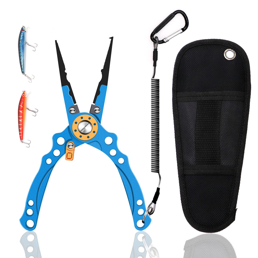Aluminum Fishing Pliers Saltwater with Lures,Muti-Function Fishing Hook Remover Tool Fishing Gear Accessories Line Cutters with Sheath and Lanyard Fishing Gifts for Men B-Blue - BeesActive Australia