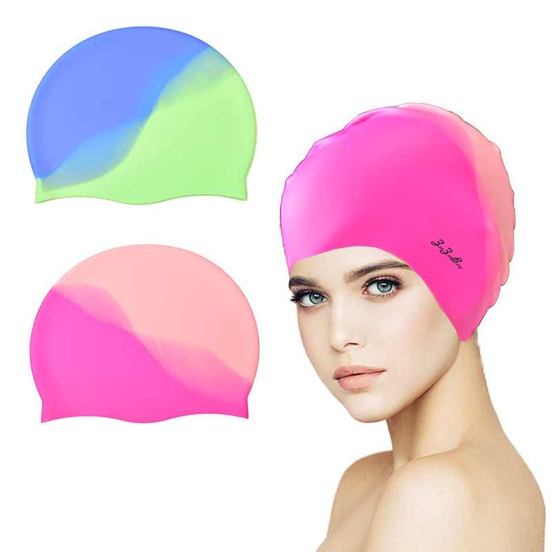 ZmZmBay Swim Caps for Long Hair (2 Pack), Durable Silicone Swimming Caps for Women Men Adults Youths, Easy to Put On and Off, Multi Color and Waterproof Bathing Cap - BeesActive Australia