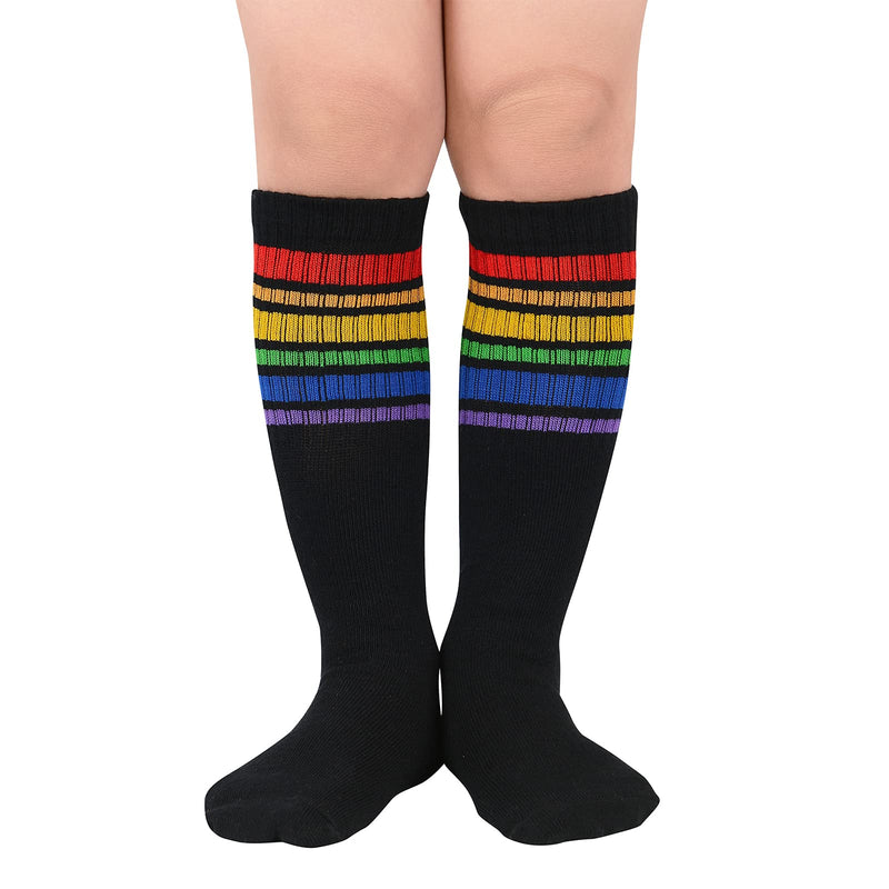 Kids Child Soccer Socks Stripes Knee High Tube Socks Cotton Uniform Sports Socks for Toddler Boys Girls One Size 1 Pack Black Rainbow - BeesActive Australia