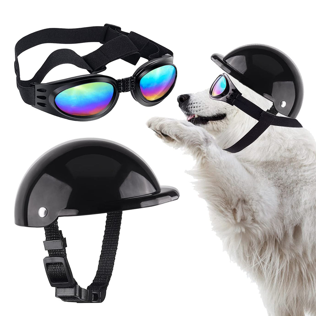 WXJ13 Pet Dog Helmet and Dog Goggles Set 5 Inch Dog Hat and Goggles Dog Sunglasses Dog Hard Hat Reflective Puppy Goggles with Adjustable Belt for Small and Medium Dog Playing Outdoor (Black) - BeesActive Australia