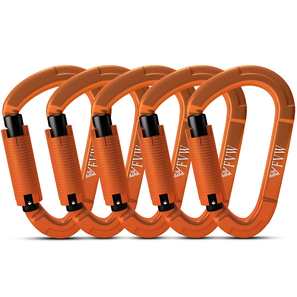 FVW Auto Locking Rock Climbing Carabiner Clips,Professional 25KN (5620 lbs) Heavy Duty Caribeaners for Rappelling Swing Rescue & Gym etc, Large D-Shaped Carabiners Orange*5 - BeesActive Australia