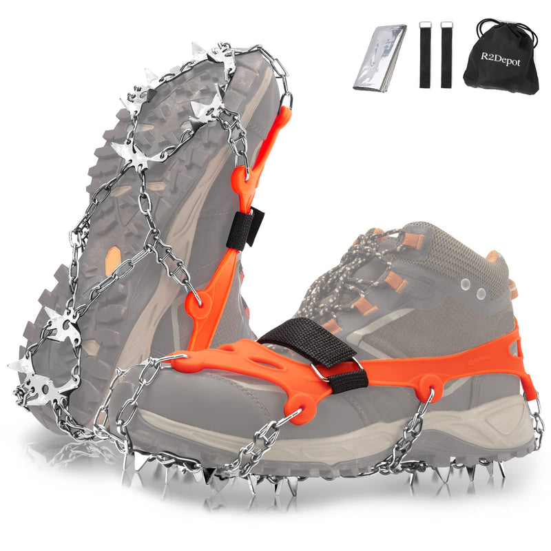 R2Depot Crampons, Ice Cleats with Emergency Blankets ,19 Spikes, Anti-Slip Stainless Steel Microspikes Orange Large - BeesActive Australia