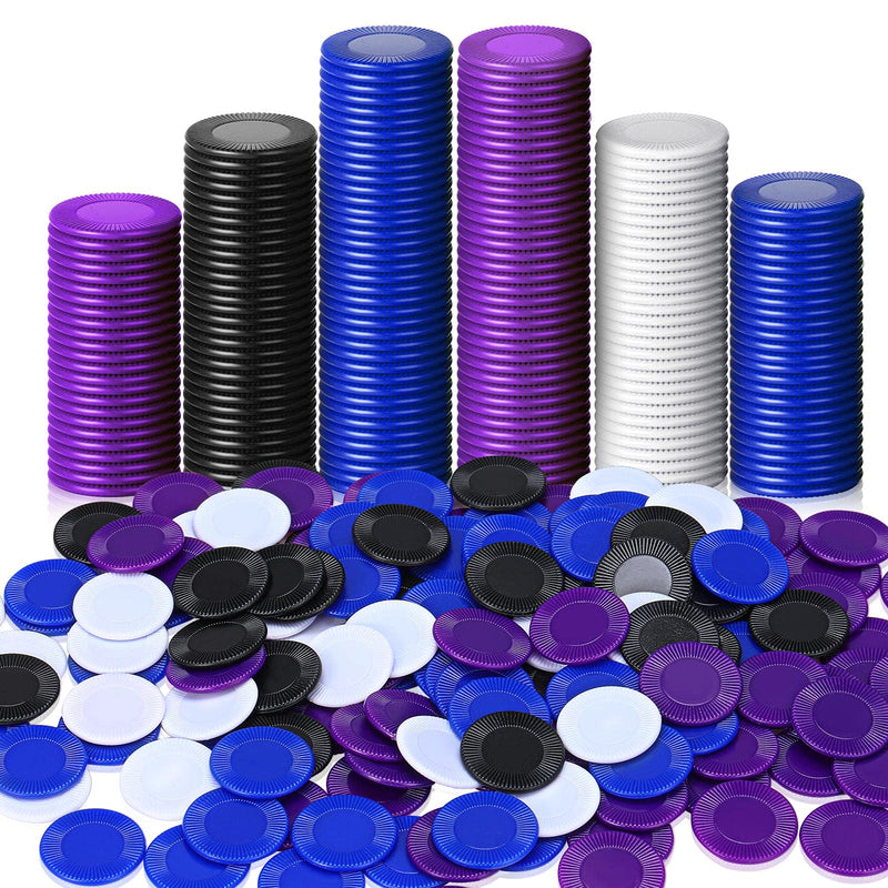 Skylety 400 Pieces Plastic Poker Chips Game Chips 4 Colors Counter Card for Kids Game Playing Learning Math Counting Bingo Game Blank Chips Card for Kids Reward, 0.86 Inch Purple, Blue, White, Black - BeesActive Australia