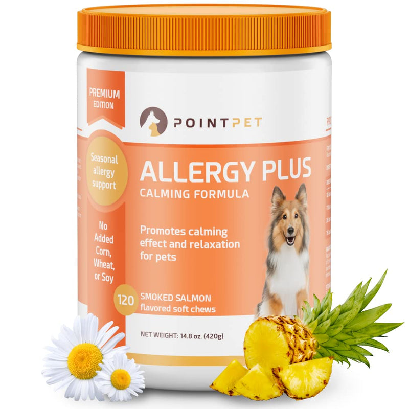 POINTPET Allergy Plus Calming Formula for Dogs - Allergy Relief, Anti Itch + Calming and Relaxation Effect 120 Smoked Salmon Soft Chews - 13 in 1 Premium Formula with Colostrum, Bromelain & Chamomile - BeesActive Australia