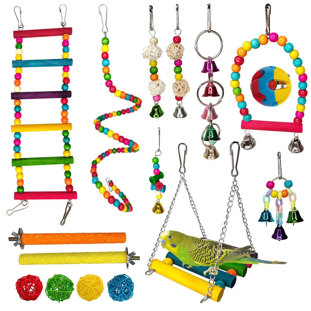 Hamiledyi Parakeets Bird Swing Toy Set, 16PCS Bird Hanging Colorful Chewing Toys, Parakeets Standing Climbing Ladder Hammock Bells, Cockatiels Perches for Budgie Finches - BeesActive Australia