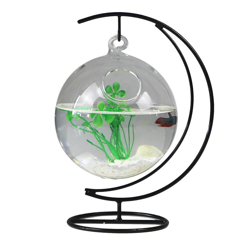 STOYRB Desktop Hanging Glass Fish Tank Mini Table Aquarium Glass Betta Fish Bowl Clear Fish Cylinder Bowl with Iron Stand for Office Home Decor, 1 Fish Bowl A1 - BeesActive Australia