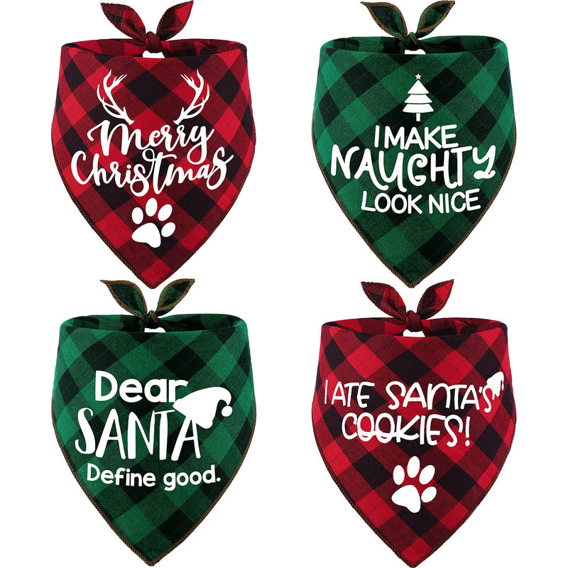 4 Pack Birthday Dog Bandanas - Classic Triangle Merry Christmas Printing Fall Plaid Xmas Pet Scarf Bibs Kerchief Gifts Set - Pet Holiday Accessories Decoration for Small to Large Puppy Dogs Cats - BeesActive Australia