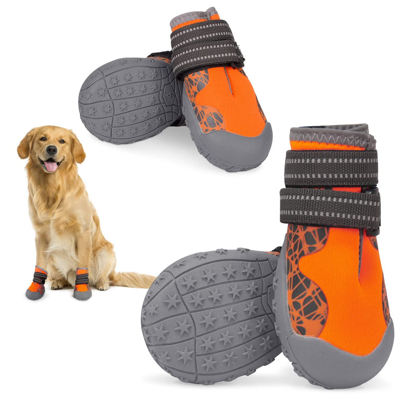 Dog Shoes for Large Medium Dogs, Waterproof Dog Booties with Reflective Strap Anti Slip Rubber Sole - Comfortable Dog Hiking Boots Paw Protectors for Walking Jogging Indoor Outdoor Hardwood Floor #7 (Width: 2.75" ; Length: 3.55") Orange - BeesActive Australia