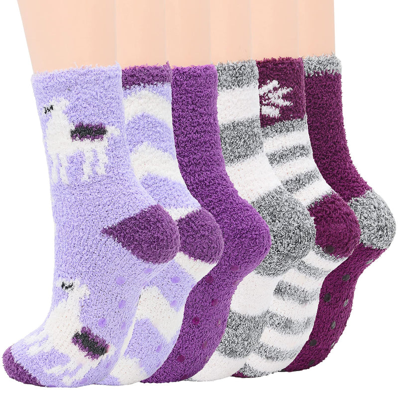 Zando Womens Fuzzy Socks with Grips Athletic Grip Socks Warm Slipper Socks Non Slip Cozy Socks Soft Thick Fluffy Socks One Size C 6/Deer Purple - BeesActive Australia