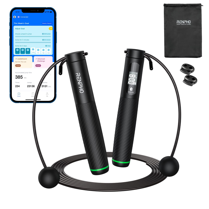 RENPHO Smart Skipping Rope with Counter, Adjustable Jump Ropes with Cordless Ball, Jump Ropes for Fitness, Crossfit, Gym, Burn Calorie, APP Data Analysis, at-Home-Workout for Women, Men, Adult, Kids 01-Black - BeesActive Australia