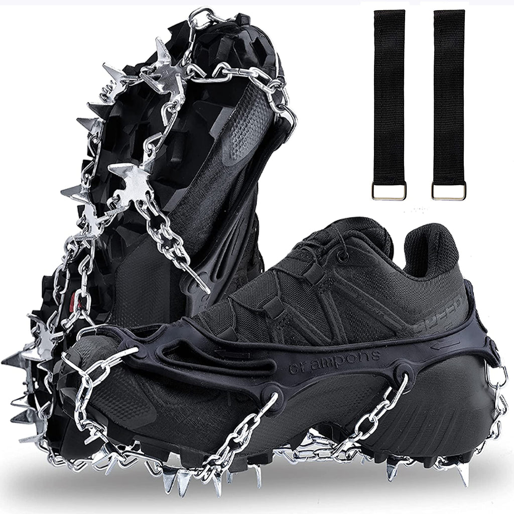 AGOOL Crampons Ice Cleats Walk Traction for Shoes and Boots 19 Anti-Slip Spikes Stainless Steel Snow Cleats Safe Protect for Hiking Fishing Walking Mountaineering On Ice and Snow with Straps Large - BeesActive Australia