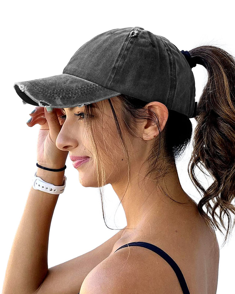 Lvaiz Womens Distressed Baseball Cap Mens Mesh Back Sport Hat Versatile Washed Dad Hat with Ponytail Hole Distressed Black One Size - BeesActive Australia
