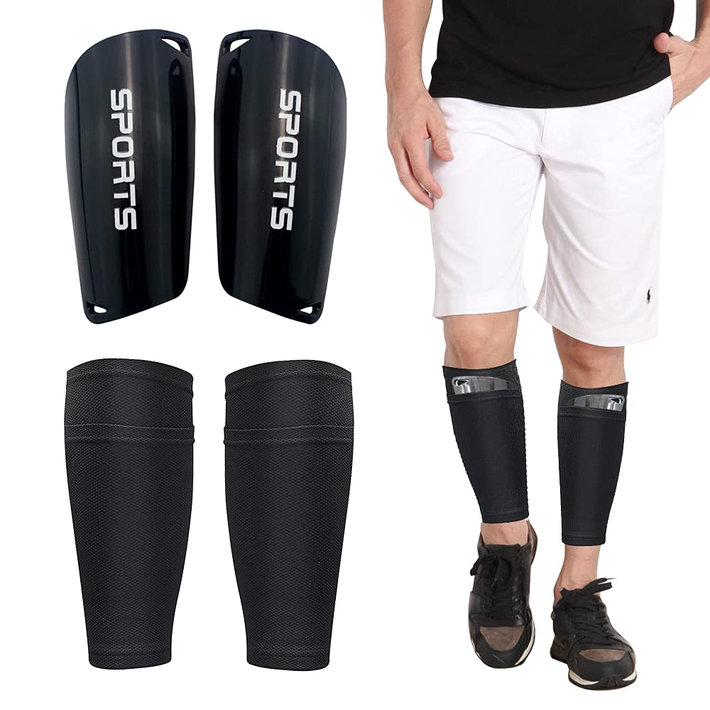 1Set Black Soccer Shin Guards for Kids Youth Adult with Elastic Pocketed Compression Calf Sleeves for Football Games EVA Cushion Protection Reduce Shocks and Injuries (18 cm x 10 cm) - BeesActive Australia