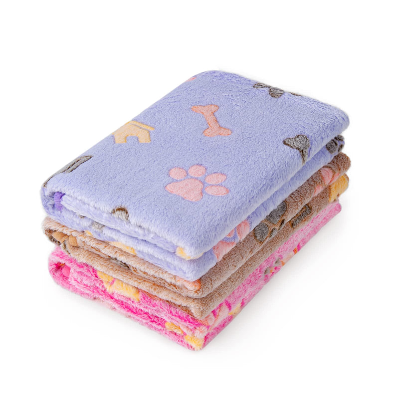 Flying Paws Dog Blankets, Machine Wash Soft Fluffy Fleece Fabric, Kitten Supplies Cute Bone Paw Print (3 Colors), Puppy Blanket for Small Dogs Warm Bed Sleep Mat Medium(30*20") Pink/Brown/Purple - BeesActive Australia