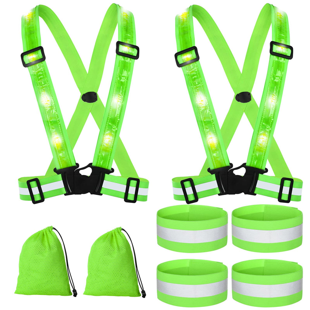 SATINIOR 2 LED Reflective Safety Vest USB Rechargeable Light up 4 Armband Storage Bags High Visibility Bands for Running Jogging Cycling Hiking Walking, Green - BeesActive Australia