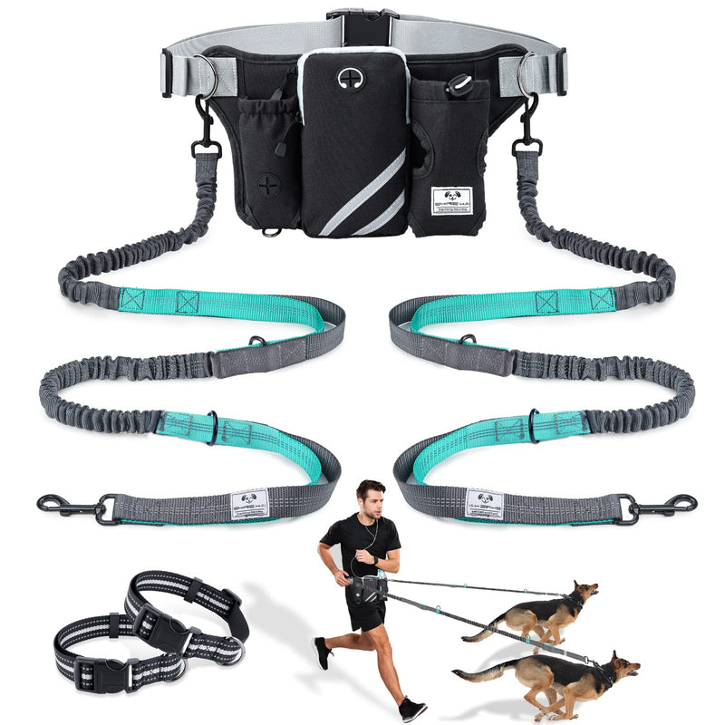 SHINE HAI Retractable Hands Free Dog Leash with Dual Bungees for Dogss, Adjustable Waist Belt, Reflective Stitching Leash for Running Walking Hiking Jogging Biking Blue For 2 Dog - BeesActive Australia