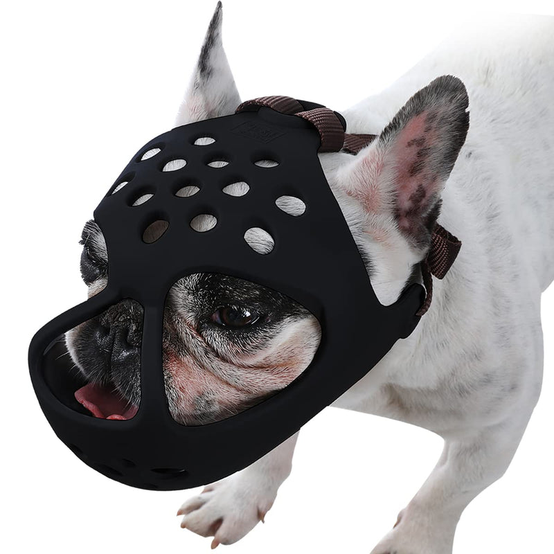 BARKLESS Dog Muzzle for Short Snout Dogs, Soft Silicone Muzzle for Biting, Chewing, Licking for French Bulldog Shih Tzu, Ideal for Flat-Faced Aggressive Dogs Grooming Walking, Allows Drinking L Black - BeesActive Australia