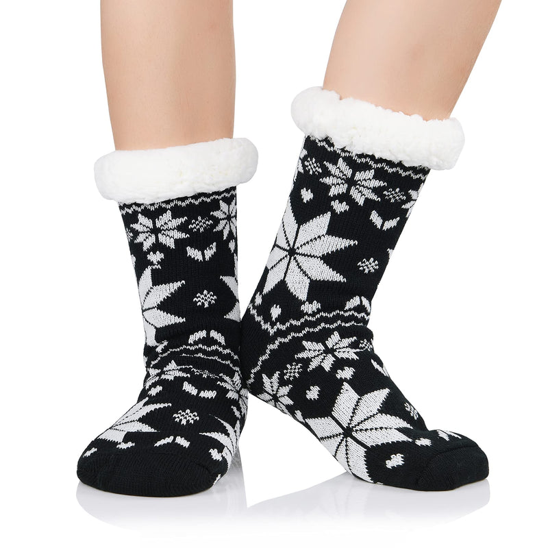 Zando Womens Warm Fuzzy Slipper Socks Fluffy Sherpa Fleece Socks Cozy Non Slip Plush Fleece Socks with Grippers A Black Snowflake - BeesActive Australia