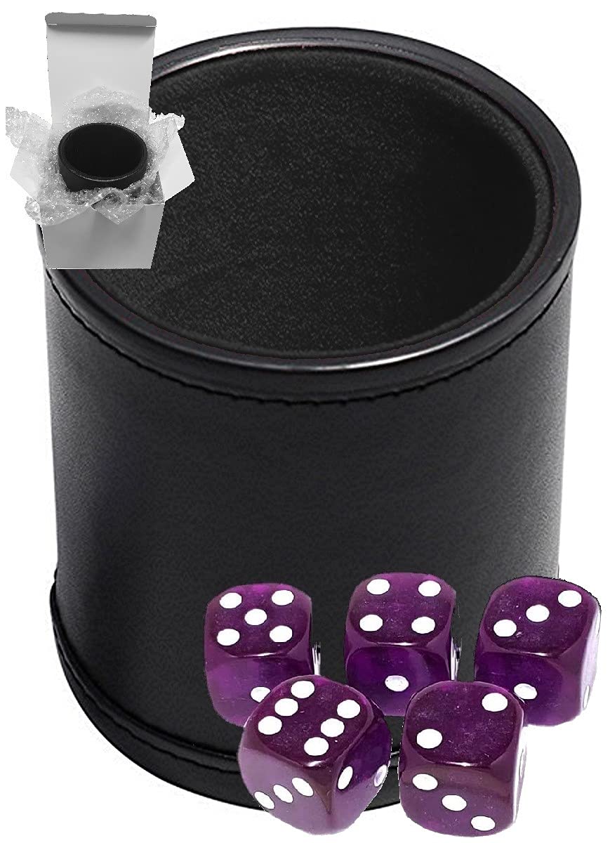 Set of 16mm Transparent Rounded Corners Dice and Black PU Leather Dice Cup Plush Felt Lined - Gift Boxed Purple, Black Lining Cup - BeesActive Australia