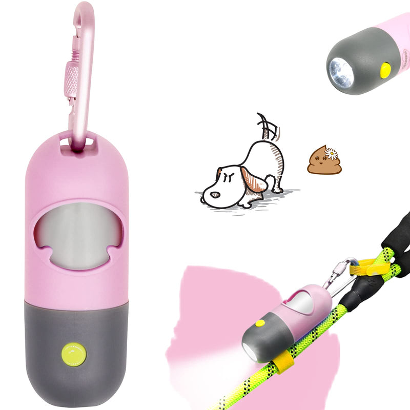 YUCHIYA Dog Poop Bag Dispenser with Flashlight|Dog Poop Bag Holder with Leash Clip|Hands-Free Leash Poop Bag Holder with Straps and 1 Roll Dog Waste Bags (Pink) Pink - BeesActive Australia