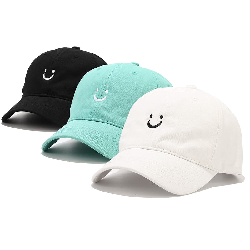 Umeepar 3 Pack Smiley Face Cotton Baseball Cap Adjustable Low Profile Unstructured Dad Hat for Women Men Black White, Aqua - BeesActive Australia