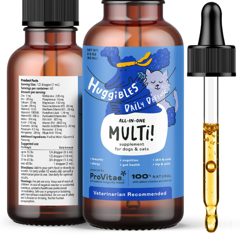 HUGGIBLES All-in-One Complete Multivitamin for Dogs and Cats – Daily Supplement with Digestive Support & Immunity, Allergy & Skin & Coat Support, Mobility Support – Antioxidants for Longevity All-In-One Multi Oil 2oz - BeesActive Australia