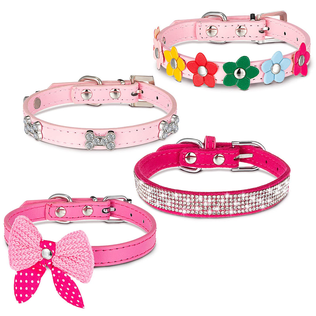 4 Pcs Pink Dog Collar Spiked Studded Dog Collars Pearls Dog Necklace Dog Collar with Rhinestone Bow Knot Crystal Diamond Colorful Flower Bling Girl Dog Cat Collars for Dogs Small Novel Style - BeesActive Australia