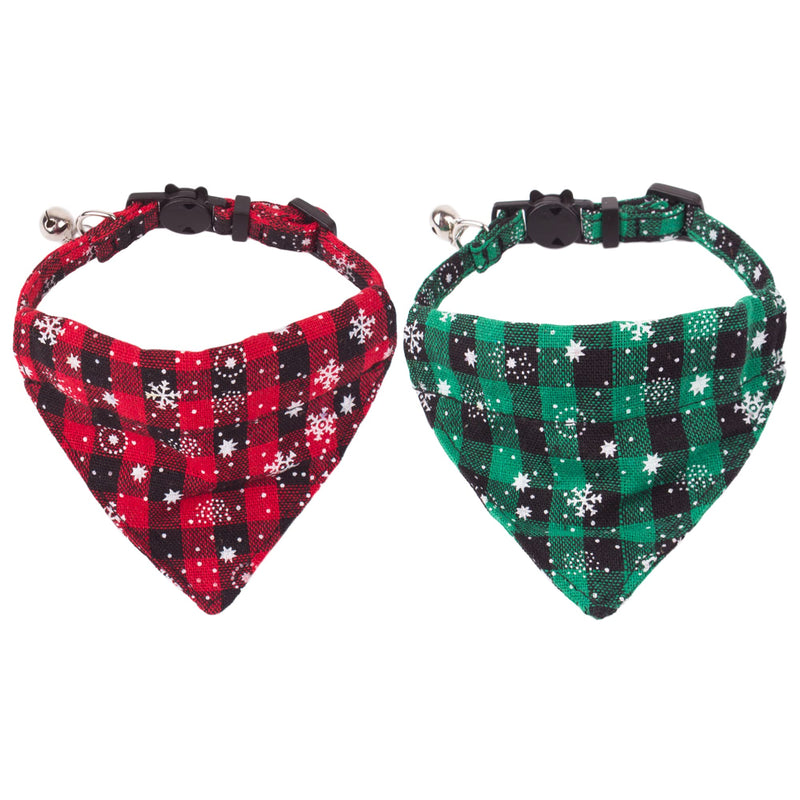 ADOGGYGO Christmas Cat Collars Breakaway with Bell, 2 Pack Adjustable Cat Collar with Removable Bandana, Red Green Plaid Snowflake Cat Bandana Collar for Kittens Cats Plaid & Snowflake - BeesActive Australia