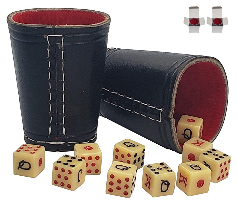 Cyber-Deals Genuine Leather Compact Dice Cups, Spanish Poker Dice, Storage Pouch Set (Black w/Red Lining Cup, Bone Tone Dice) Black W/Red Lining Cup, Bone Tone Dice - BeesActive Australia