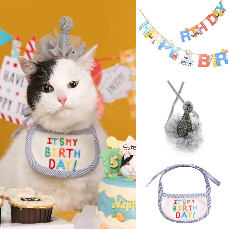 Emmeliestella Cat Birthday Party Supplies Decorations, Birthday Cake Banner & Sparkle Hat & Cotton Bib 3 in 1, It's My Birthday! Cute Theme Party, Reusable, for Cats and Small Dogs, 3PCS Set Grey - BeesActive Australia