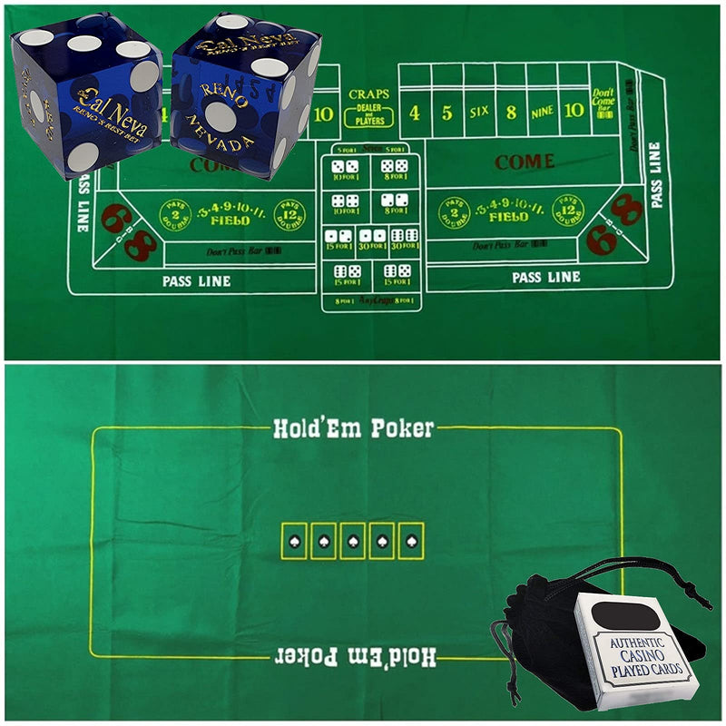 Cyber-Deals Craps & Texas Hold'em Poker Essentials Set: 2-Sided 6ft x 3ft Felt Layout, Nevada Casino Table-Played Dice & Cards, Plus Storage Pouch (Cal Neva (Blue Polished) - Reno) - BeesActive Australia