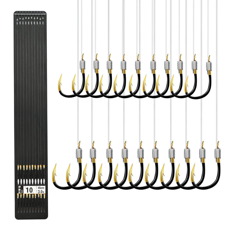 LNOJENR Fishing Hooks with Line, Strong Sharp Double Hook Rigs with Barbs, Pre Tied Fish Hooks Already Tied‑in Fishing Wire/Leader, Black Gold Fish Hook for Freshwater/Seawater (20 PCS), Medium, D10 - BeesActive Australia