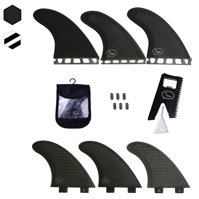 Ho Stevie! Thruster Surfboard Fins (3 Fins) - Twin Tab or Single Tab Sizes, with Fin Bag, Screws, Wax Comb and Fin Key Black - BeesActive Australia