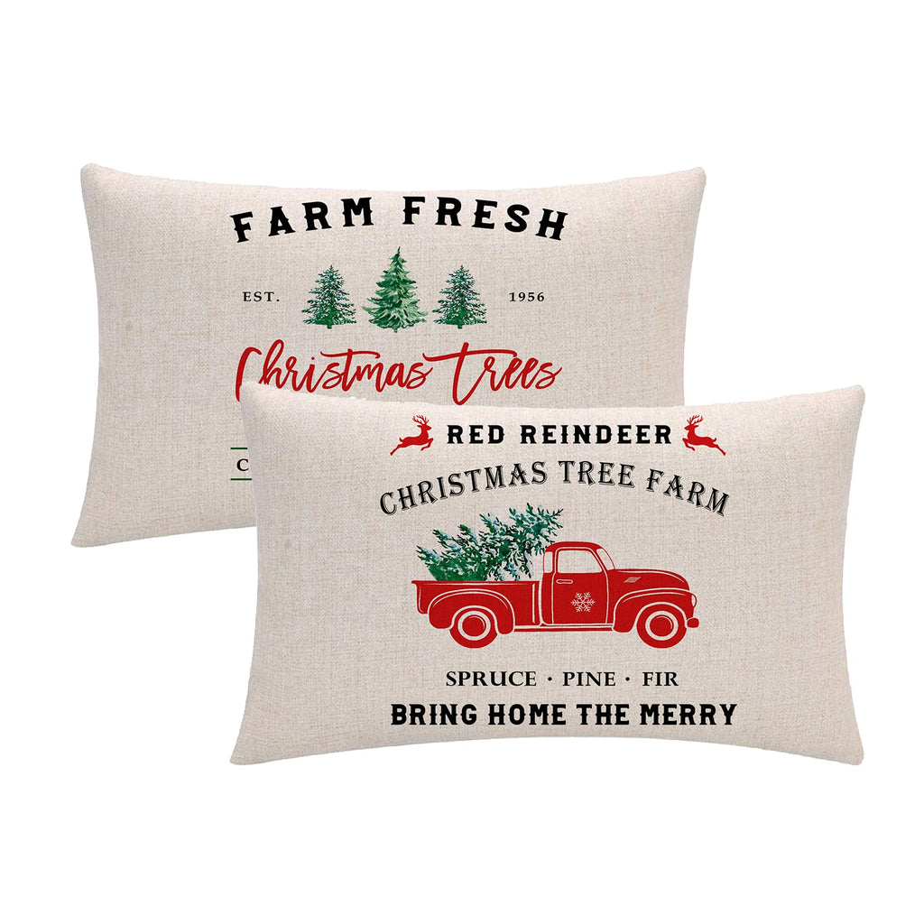 7COLORROOM Set of 2 Christmas Decorations Pillow Covers Farm Fresh Tree /Retro Truck Rectangular/Waist Cushion Cover Merry Decor Winter Holiday Pillowcases 12inch x 20inch Red&green XSS-2P 12" x 20" - BeesActive Australia
