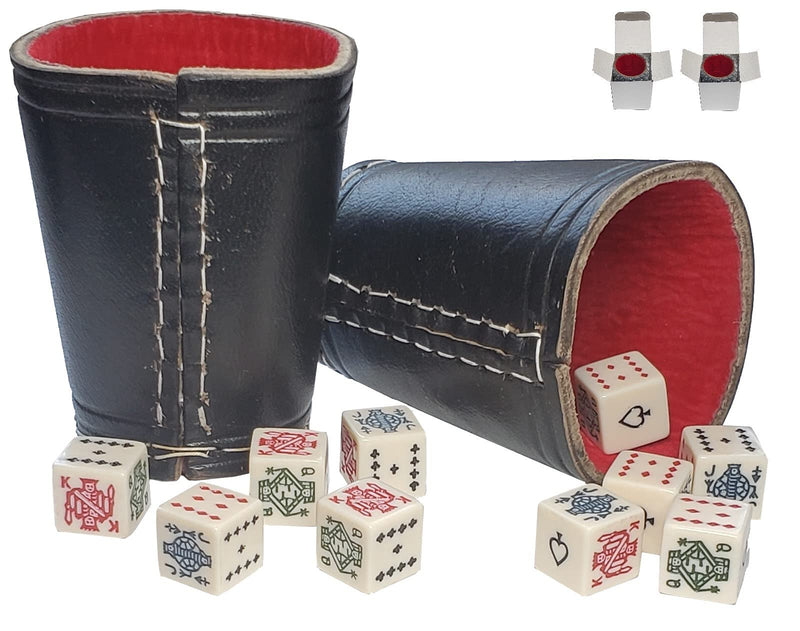 Cyber-Deals Genuine Leather Compact Dice Cups and Squared Corners Poker Dice Set Bundle (Black w/Red Lining, Ivory Tone Dice w/Spades Ace) Black W/Red Lining, Ivory Tone Dice W/Spades Ace - BeesActive Australia