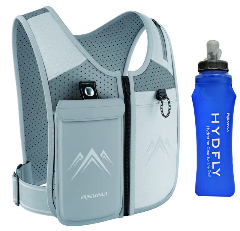REVALI Running Vest, USA Original Patent, Zip Reflective Vests with Leakproof 500ml Water Bottle, Adjustable Waistband & Breathable Materials, Chest Gear Phone Holder for Men/Women, Running or Cycling Gray - BeesActive Australia