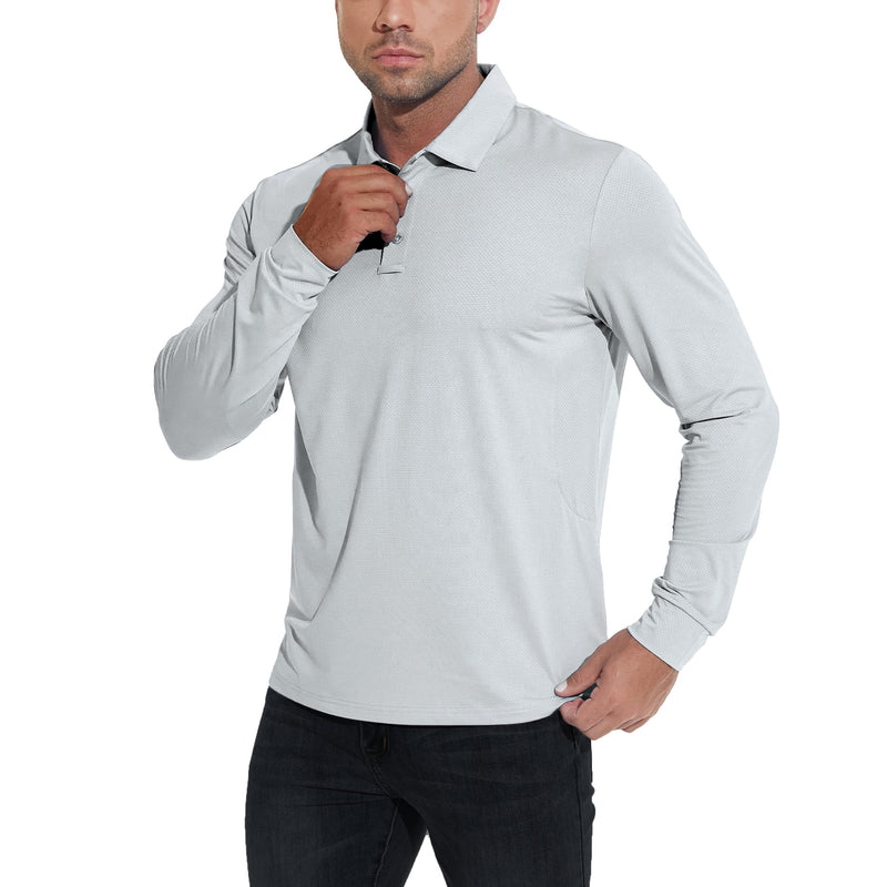 JIM LEAGUE Men's Golf Polo Shirts - Long/Short Sleeve Dry Fit Athletic Tennis Polyester Shirt with Collar UPF50(Lightweight) Long Sleeve-grey Large - BeesActive Australia