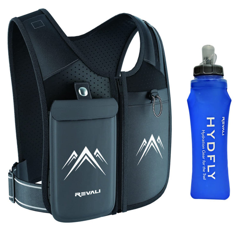REVALI Running Vest, USA Original Patent, Zip Reflective Vests with Leakproof 500ml Water Bottle, Adjustable Waistband & Breathable Materials, Chest Gear Phone Holder for Men/Women, Running or Cycling Black - BeesActive Australia
