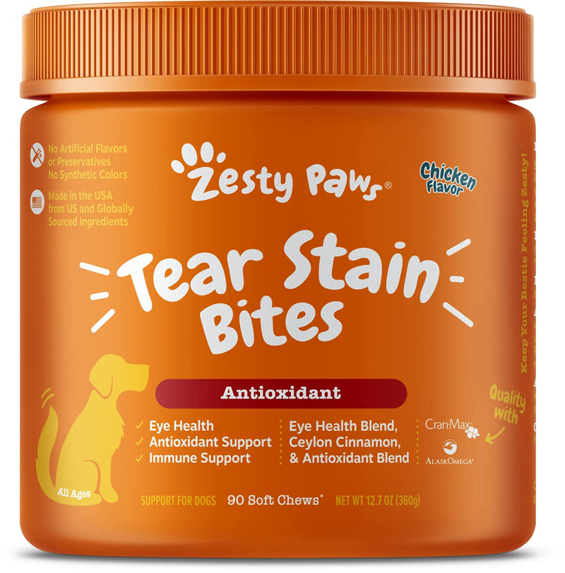 Zesty Paws Tear Stain Support Soft Chews for Dogs - for Eye Moisture + Vision & Immune Support - Functional Supplements with Fish Oil, Lutein, Cranberry & Vitamin C - Chicken Flavor 90 Count - BeesActive Australia