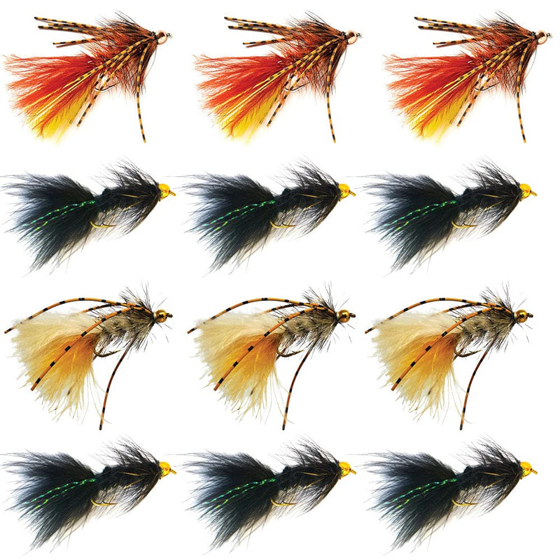 Thor Outdoor BH Woolly Bugger Streamer Fly Fishing Set – Assorted Wet Flies for Trout, Panfish, and Bass 12 Pc - Fire-L, Lt Tan, Black - Size #8 and #10 - BeesActive Australia