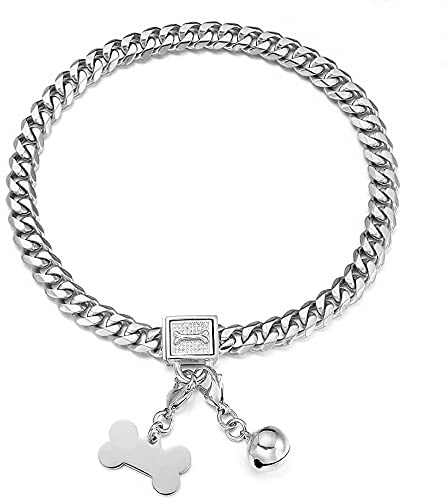 Aiyidi Dog Chain Collar Silver Stainless Steel Cuban Link Collar Width 11/15/19mm with Rhinestone Safety Buckle Dog tag Dog Bell Chew-Proof Water-Proof for Large Medium Small Dogs Chain width: 11mm 12inch (for dog's neck 9.6''~11.5'' ) - BeesActive Australia