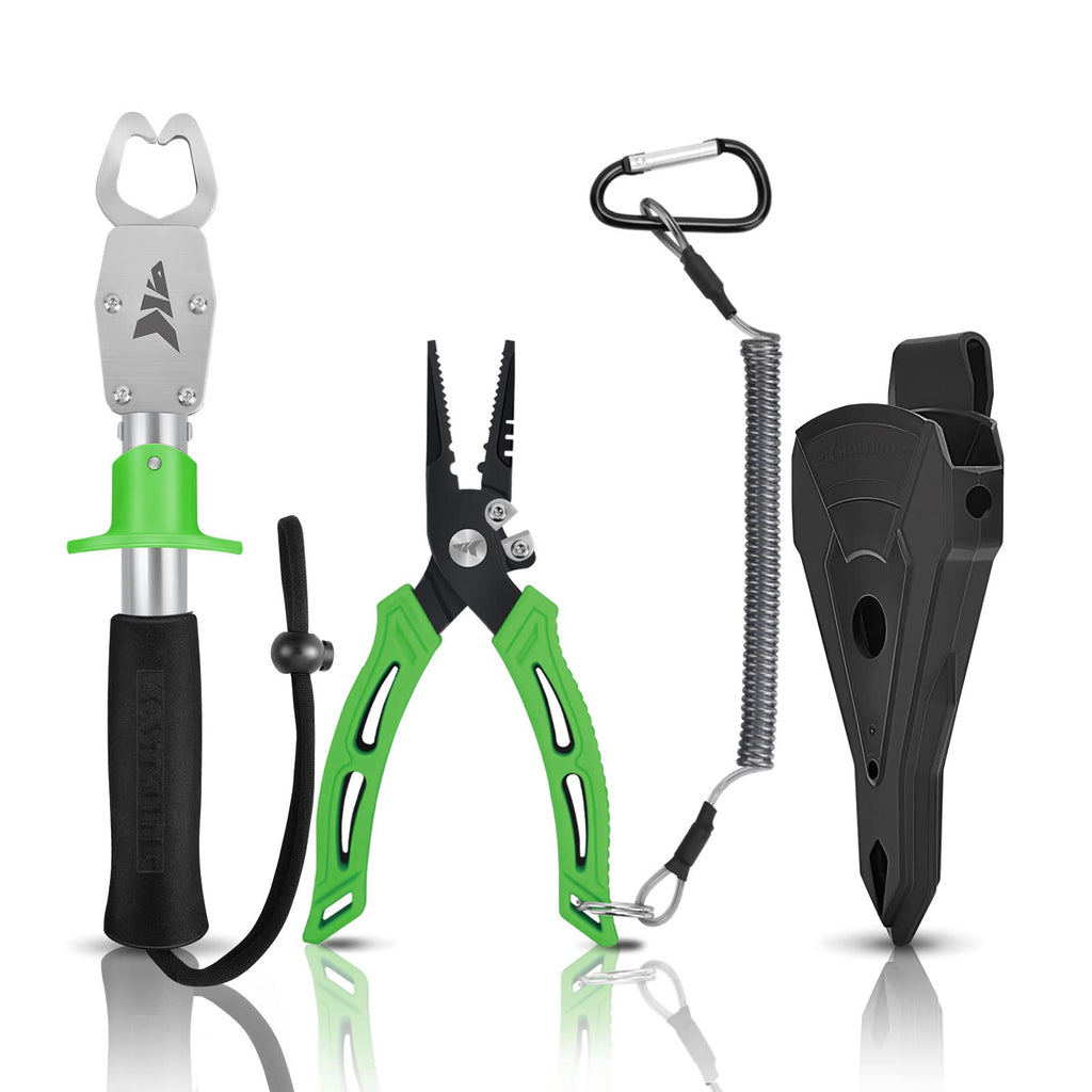 KastKing Fishing Pliers with Fish Lip Gripper, Saltwater Resistant Fishing Tools, Fishing Gear with Rubber Handle, Lanyard, Line Cutter Hook Remover with Sheath, Ice Fishing Gear, Fishing Gift for Men F: 6'' Straight Nose Plier and 9'' Lip Grip - Green - BeesActive Australia