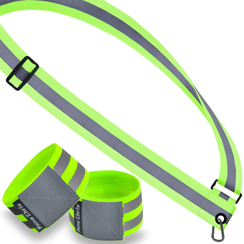 Reflective Running Gear, 3Pcs Reflective Gear for Body, Wrist, Leg, Adjustable Shoulder Strap with Carabiner, Safety Reflector Tape Straps, Large Reflective Surface Area, Suitable for Night Running Green3 - BeesActive Australia