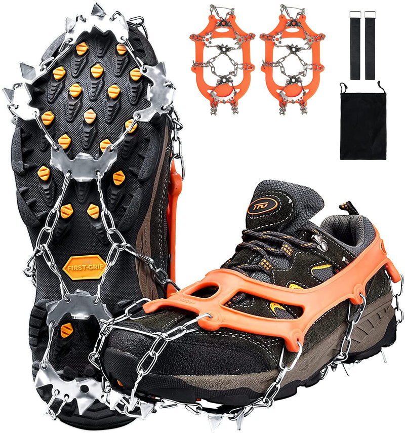 24 Spikes Crampons Ice Cleats, Traction Snow Grips for Boots Shoes,Anti-Slip Stainless Steel Microspikes for Hiking Walking Climbing Mountaineering-Orange X-Large - BeesActive Australia
