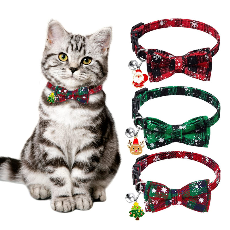 YUJUN 3Pack Christmas Cat Collars Breakaway with Bow tie and Bell Christmas Adjustable Plaid Snowflake Collar Buckle Safety for Puppy Kittens - BeesActive Australia